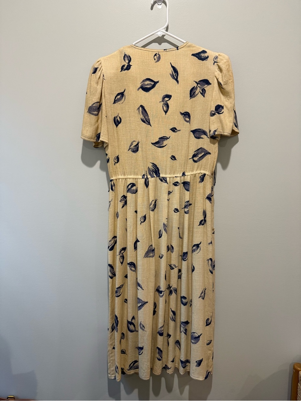 Vintage Leslie Fay Blue Leaf Print Midi Dress W/ Union Tag- Cream & Navy Sz 10 - Picture 4 of 10
